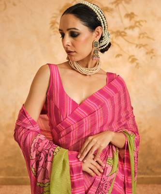 Doree pink floral chintz saree with unstiched blouse piece 5