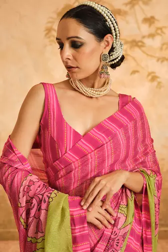 Doree pink floral chintz saree with unstiched blouse piece