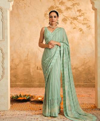 Doree aqua floral chintz saree with unstiched blouse piece 1