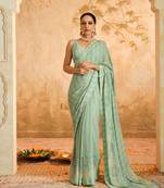 Doree aqua floral chintz saree with unstiched blouse piece