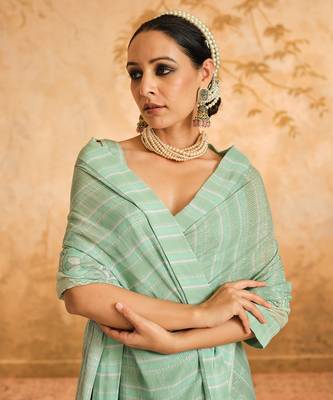 Doree aqua floral chintz saree with unstiched blouse piece 3