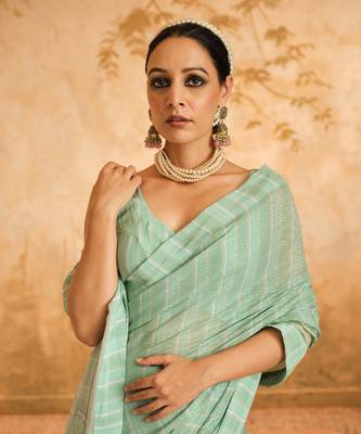 Doree aqua floral chintz saree with unstiched blouse piece 4