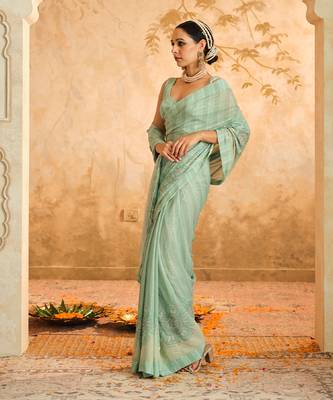 Doree aqua floral chintz saree with unstiched blouse piece 5