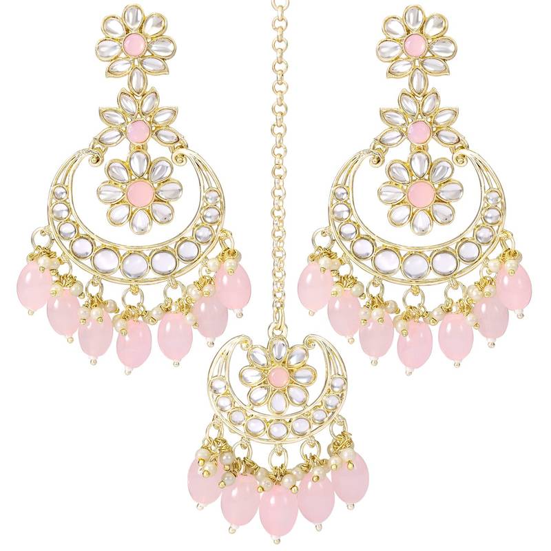 Traditional Handcrafted Kundan Adorned With Pearls Earrings With Maang Tikka Set