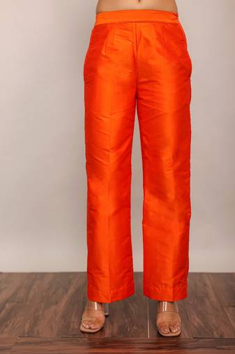 Orange solid pant with belt in back