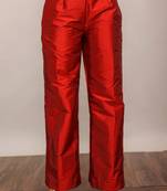 Maroon red solid pant with belt in back