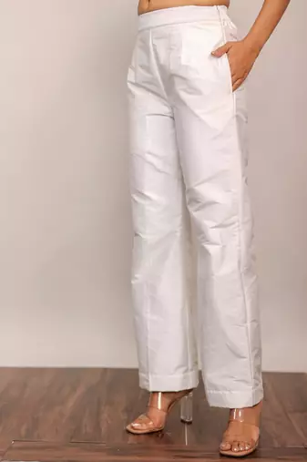 White solid pant with belt in back