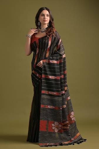 Black soft ikkat cotton printed saree