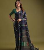 Blue soft ikkat cotton printed saree