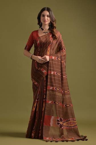 Coffee soft ikkat cotton printed saree