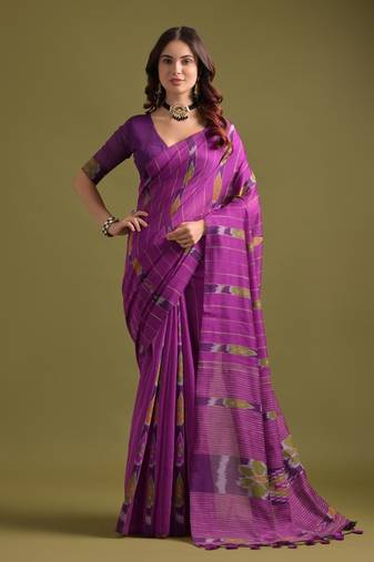 Pink soft ikkat cotton printed saree