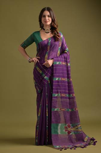 Wine soft ikkat cotton printed saree