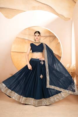 NAVY BLUE COLOUR  FAUX GEORGETTE Embroidery WORK PARTY WEAR LEHENGA CHOLI 1