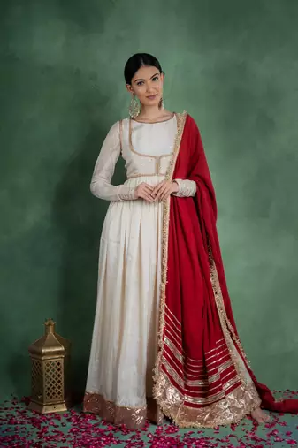 Sitaraa anarkali dress with embroidered jacket and red dupatta (set of 3)