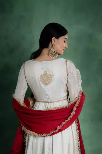 Sitaraa anarkali dress with embroidered jacket and red dupatta (set of 3)
