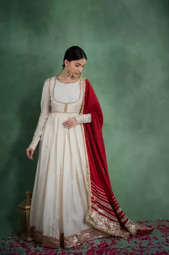 Sitaraa anarkali dress with embroidered jacket and red dupatta (set of 3)