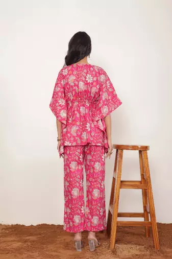 Pink and multi floral two piece set kaftan style co-ord set