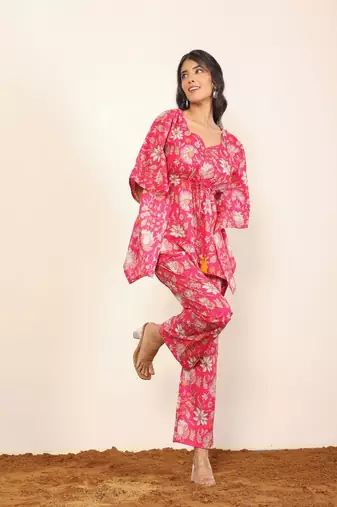 Pink and multi floral two piece set kaftan style co-ord set