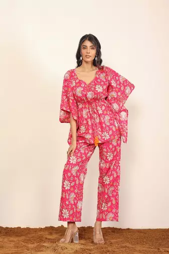 Pink and multi floral two piece set kaftan style co-ord set