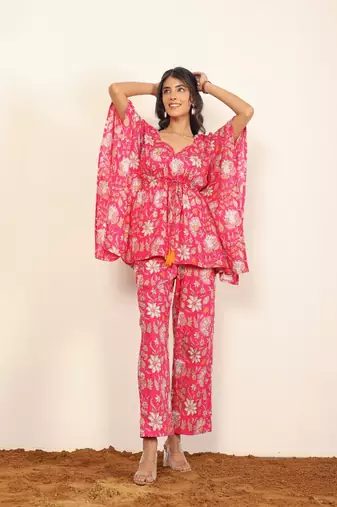 Pink and multi floral two piece set kaftan style co-ord set