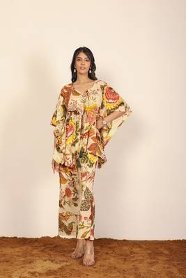Beige and multicolor floral two piece set kaftan style co-ord set 1