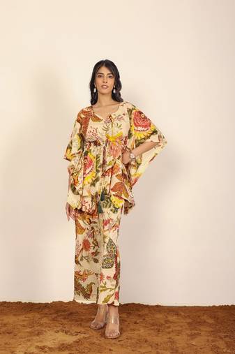 Beige and multicolor floral two piece set kaftan style co-ord set