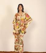 Beige and multicolor floral two piece set kaftan style co-ord set