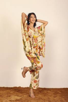Beige and multicolor floral two piece set kaftan style co-ord set 3