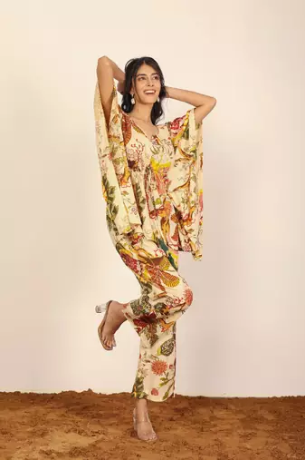 Beige and multicolor floral two piece set kaftan style co-ord set