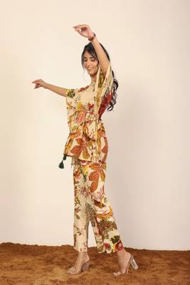 Beige and multicolor floral two piece set kaftan style co-ord set 4
