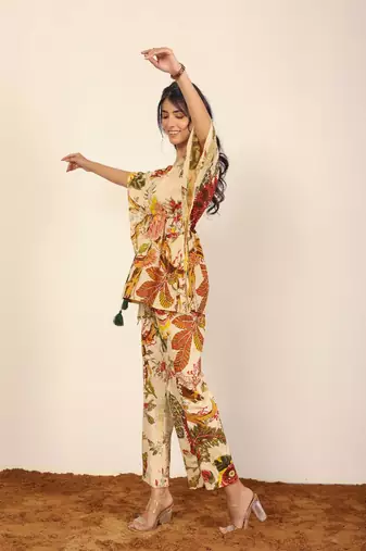 Beige and multicolor floral two piece set kaftan style co-ord set