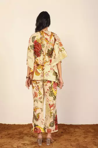 Beige and multicolor floral two piece set kaftan style co-ord set