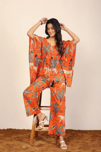 Orange and multi jungle theme print two piece set kaftan style co-ord set