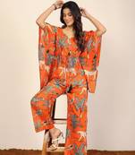 Orange and multi jungle theme print two piece set kaftan style co-ord set