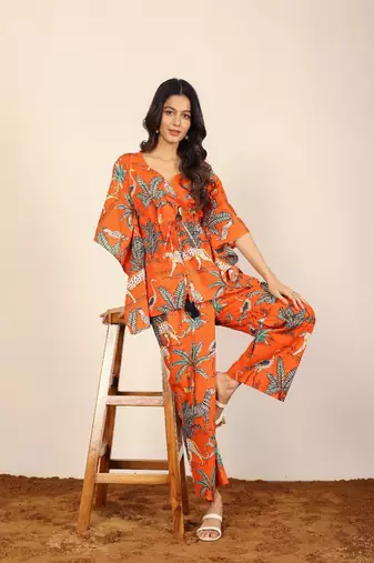 Orange and multi jungle theme print two piece set kaftan style co-ord set
