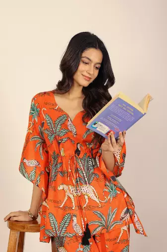 Orange and multi jungle theme print two piece set kaftan style co-ord set