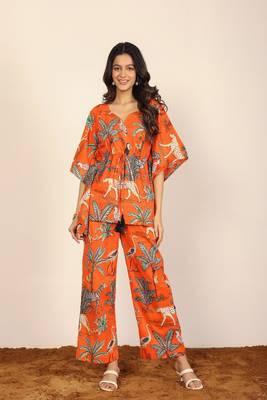 Orange and multi jungle theme print two piece set kaftan style co-ord set 6