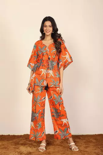 Orange and multi jungle theme print two piece set kaftan style co-ord set