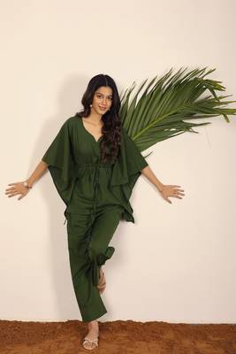Solid olive green kaftan style two piece set co-ord set 1
