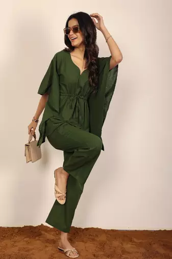 Solid olive green kaftan style two piece set co-ord set