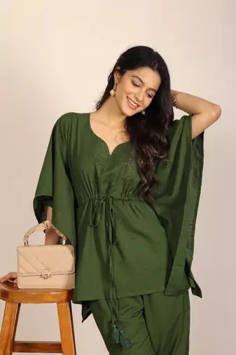 Solid olive green kaftan style two piece set co-ord set