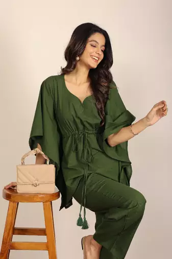 Solid olive green kaftan style two piece set co-ord set