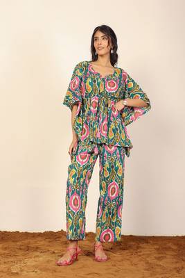 Green and multicolor floral two piece set kaftan style co-ord set 1