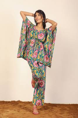 Green and multicolor floral two piece set kaftan style co-ord set 3