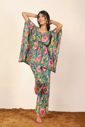 Green and multicolor floral two piece set kaftan style co-ord set