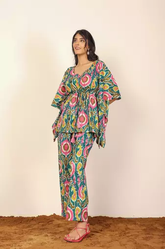 Green and multicolor floral two piece set kaftan style co-ord set