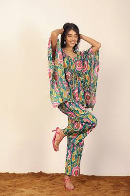 Green and multicolor floral two piece set kaftan style co-ord set 5