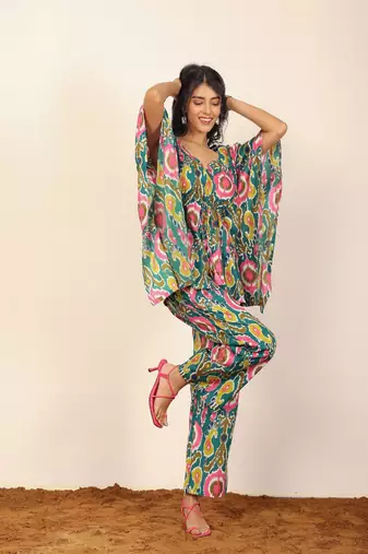 Green and multicolor floral two piece set kaftan style co-ord set