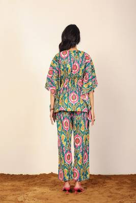 Green and multicolor floral two piece set kaftan style co-ord set 6