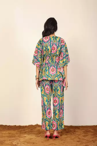 Green and multicolor floral two piece set kaftan style co-ord set